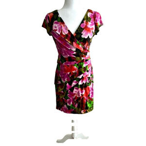 London Times Pink and Green Floral Faux Wrap Dress, Size 4P